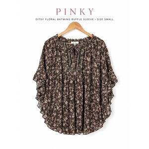 Pinky Ditsy Floral Peasant Blouse Batwing Ruffle Sleeve Small